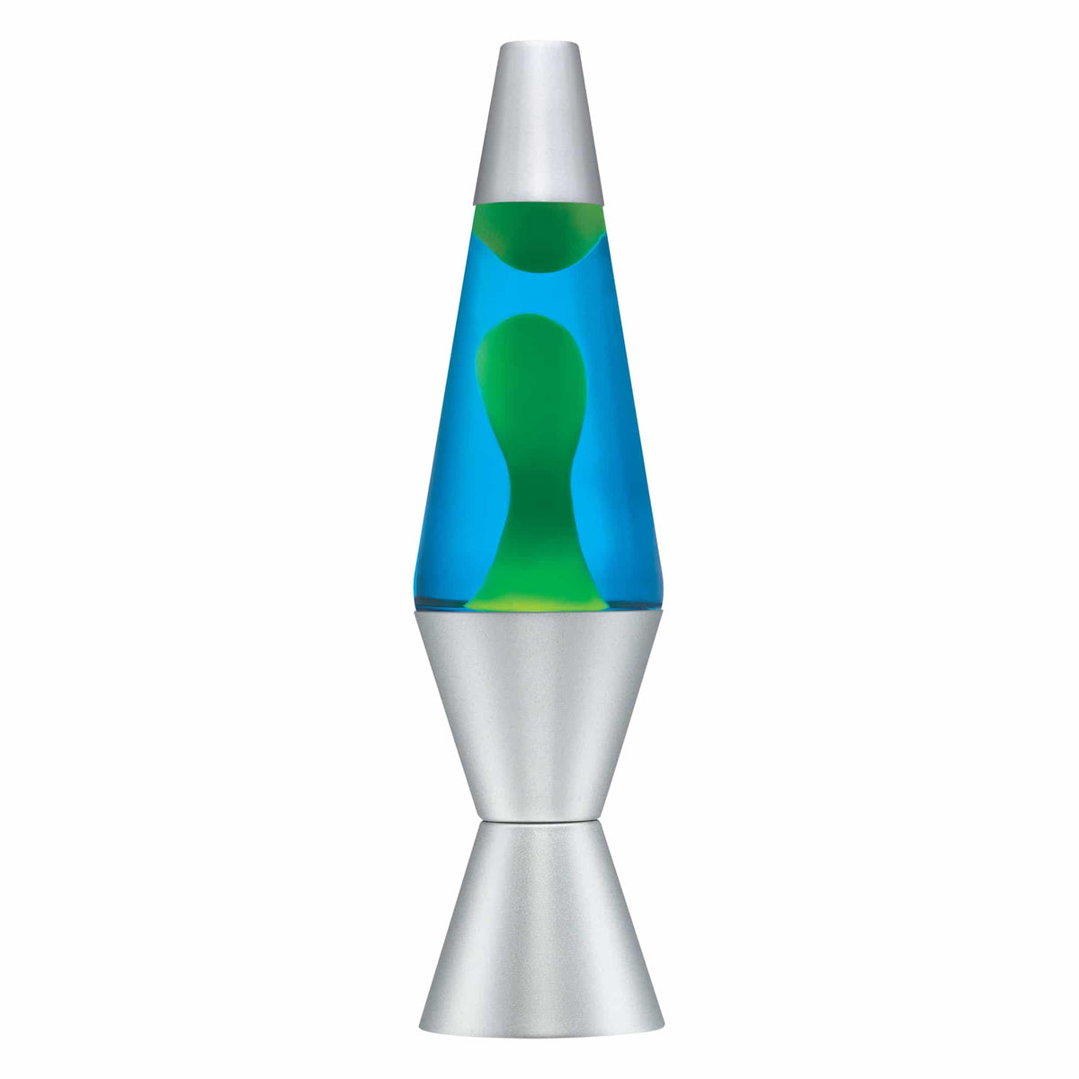 Silver Lava Lamp with Blue Liquid and Green Wax